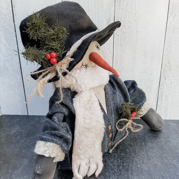 HANDMADE Primitive Country Snowman Wool Coat Stuffed Doll Christmas Decor - Picture 6 of 8